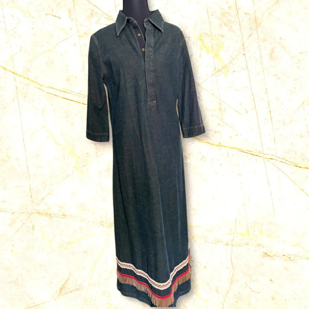 Vintage HM Rocky Midi Aline Western 3/4 Sleeves Denim Jean Dress Size L